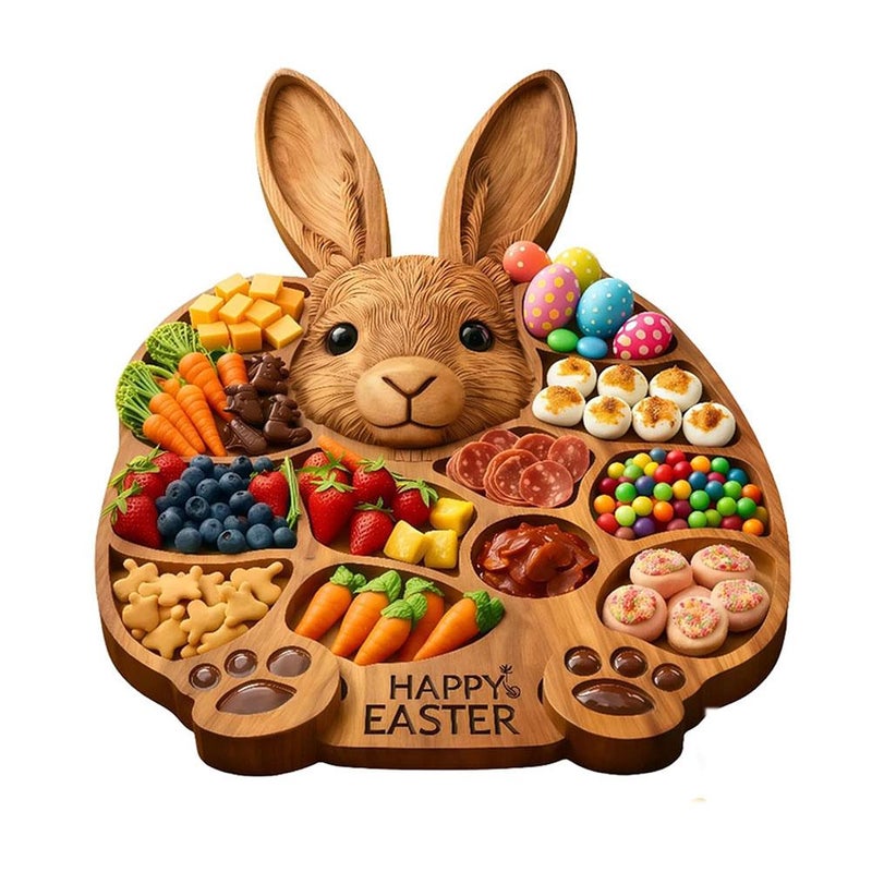 Easter bunny wooden cold dish tray, bunny-shaped wooden tray, Easter party wooden snack board, festive cheese and snack platter, Easter table center decoration and gift.
